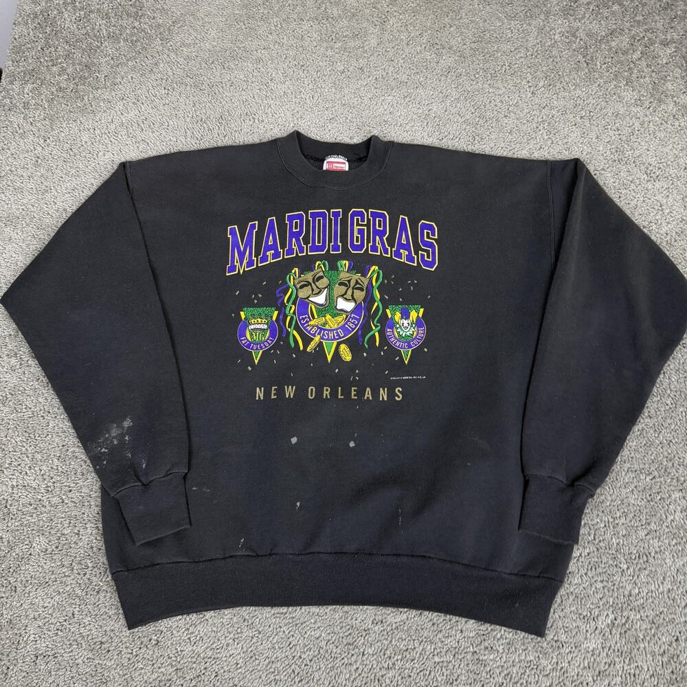 Vintage 90s Mardi Gras Sweatshirt Mens XL Black New Orleans Fleece Pullover